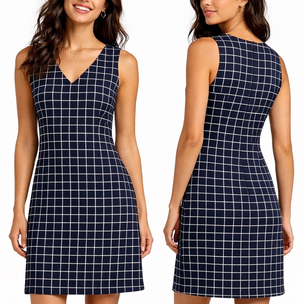 J.Crew Navy Textured Grid Shift Dress Size 0 Sleeveless V-Neck Career Preppy - Picture 5 of 12